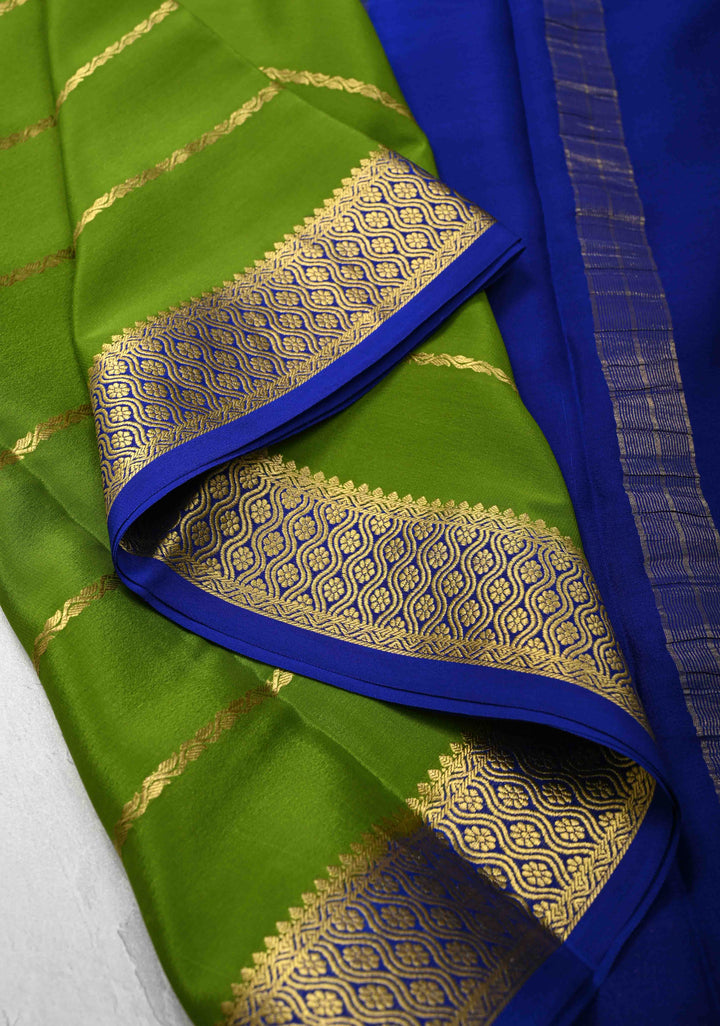 Sap Green Mysore Silk Saree with Horizontal Zari Stripes and Zari Border in KSIC Grade Thickness | SILK MARK CERTIFIED
