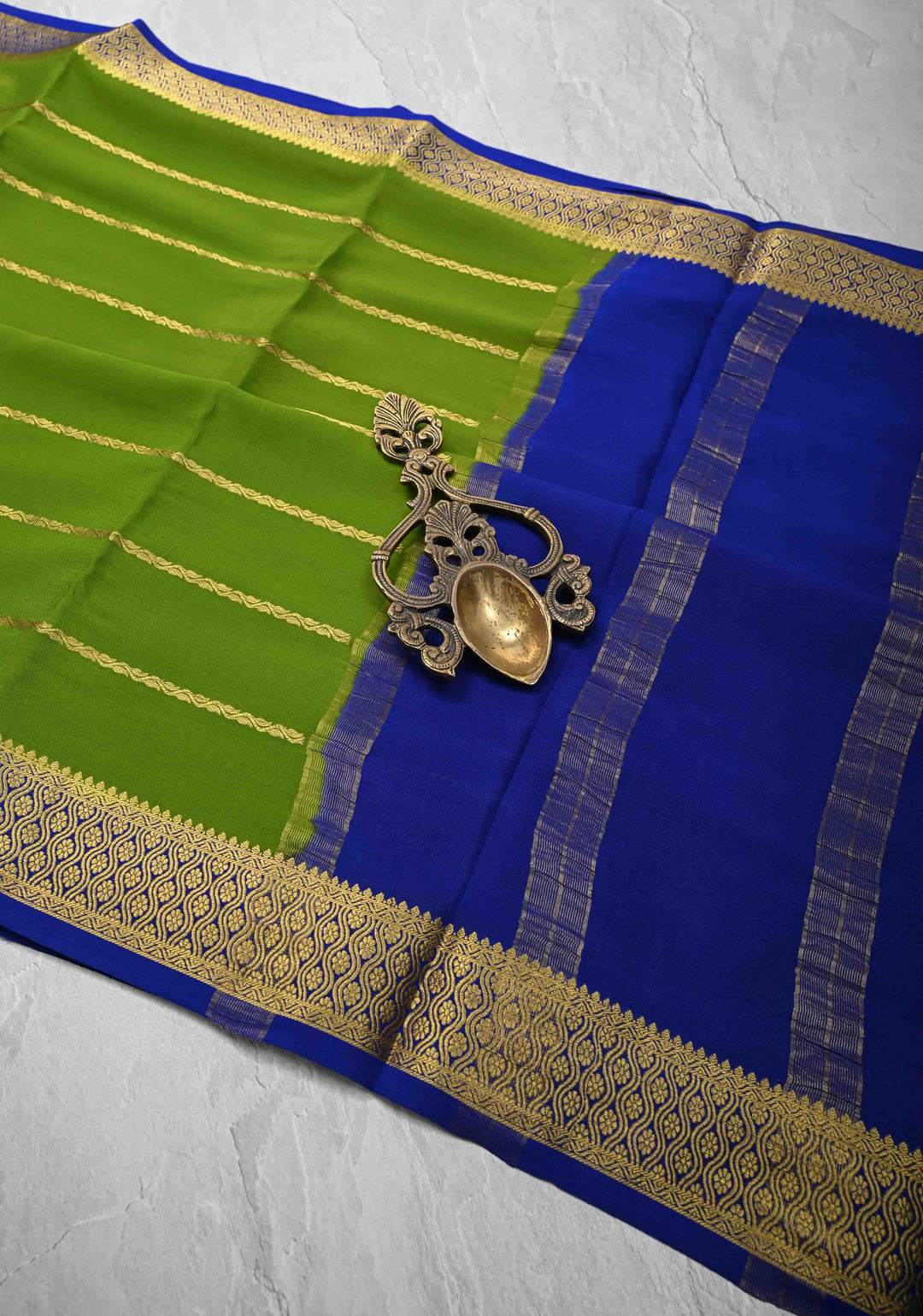 Sap Green Mysore Silk Saree with Horizontal Zari Stripes and Zari Border in KSIC Grade Thickness | SILK MARK CERTIFIED
