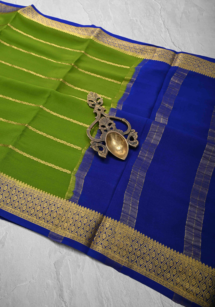 Sap Green Mysore Silk Saree with Horizontal Zari Stripes and Zari Border in KSIC Grade Thickness | SILK MARK CERTIFIED