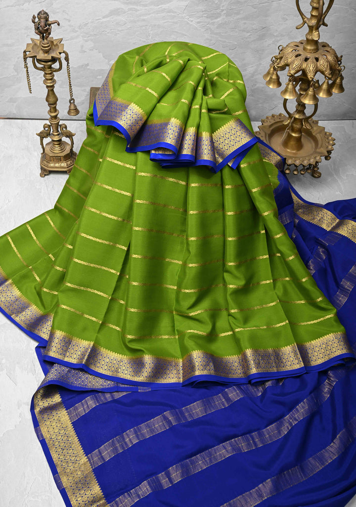 Sap Green Mysore Silk Saree with Horizontal Zari Stripes and Zari Border in KSIC Grade Thickness | SILK MARK CERTIFIED
