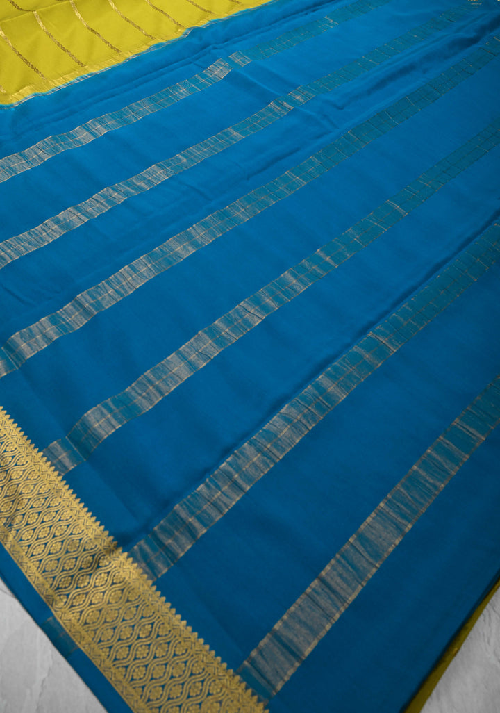 Moss Green Mysore Silk Saree with Horizontal Zari Stripes and Zari Border in KSIC Grade Thickness | SILK MARK CERTIFIED