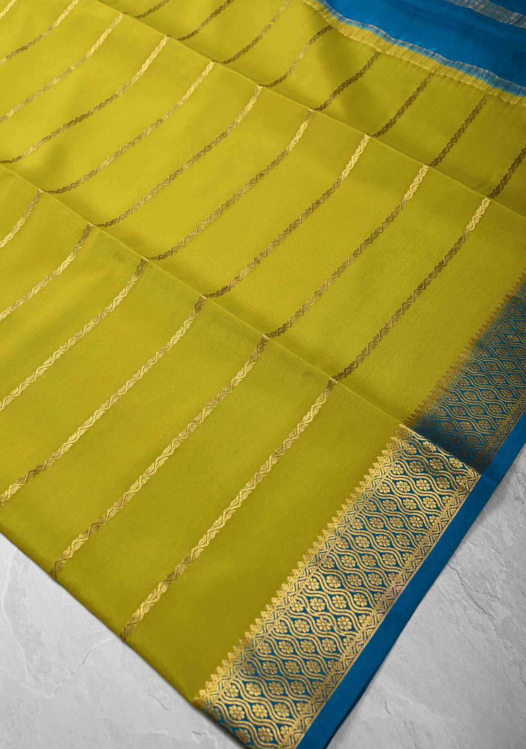 Moss Green Mysore Silk Saree with Horizontal Zari Stripes and Zari Border in KSIC Grade Thickness | SILK MARK CERTIFIED