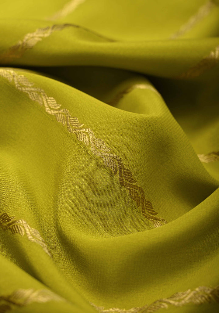 Moss Green Mysore Silk Saree with Horizontal Zari Stripes and Zari Border in KSIC Grade Thickness | SILK MARK CERTIFIED