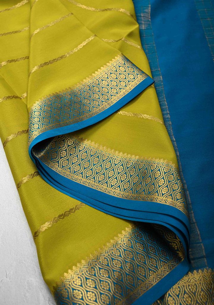 Moss Green Mysore Silk Saree with Horizontal Zari Stripes and Zari Border in KSIC Grade Thickness | SILK MARK CERTIFIED