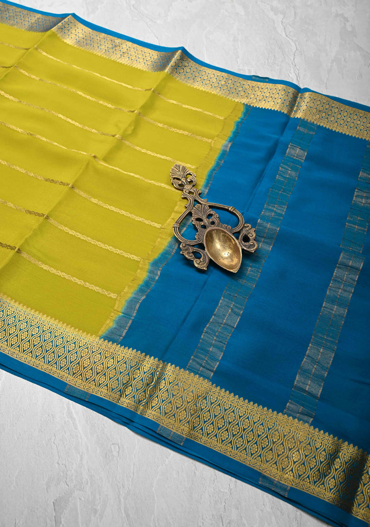 Moss Green Mysore Silk Saree with Horizontal Zari Stripes and Zari Border in KSIC Grade Thickness | SILK MARK CERTIFIED