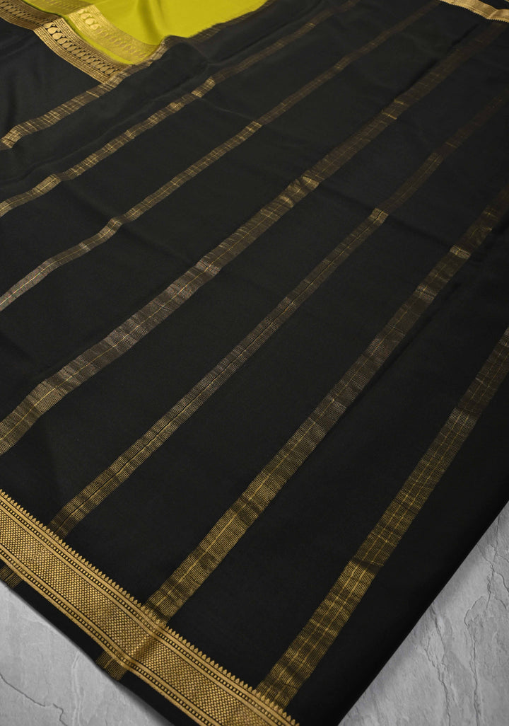 Moose Green Mysore silk Saree With Half Black zari Border in KSIC Grade Thickness | SILK MARK CERTIFIED