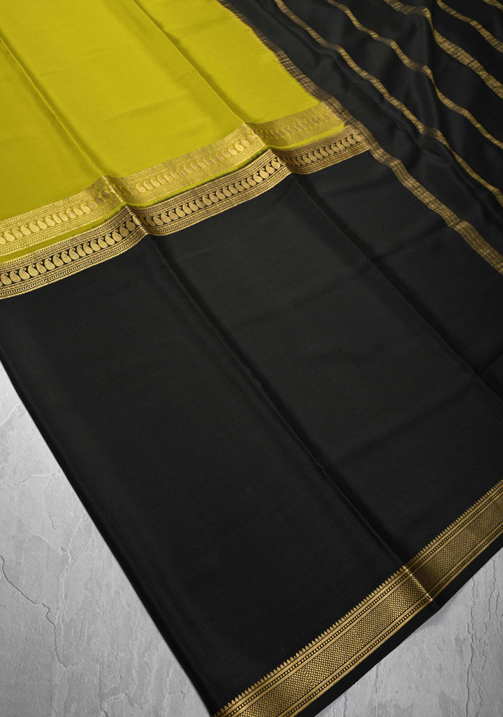 Moose Green Mysore silk Saree With Half Black zari Border in KSIC Grade Thickness | SILK MARK CERTIFIED