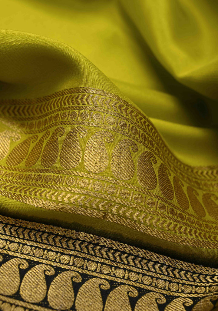Moose Green Mysore silk Saree With Half Black zari Border in KSIC Grade Thickness | SILK MARK CERTIFIED