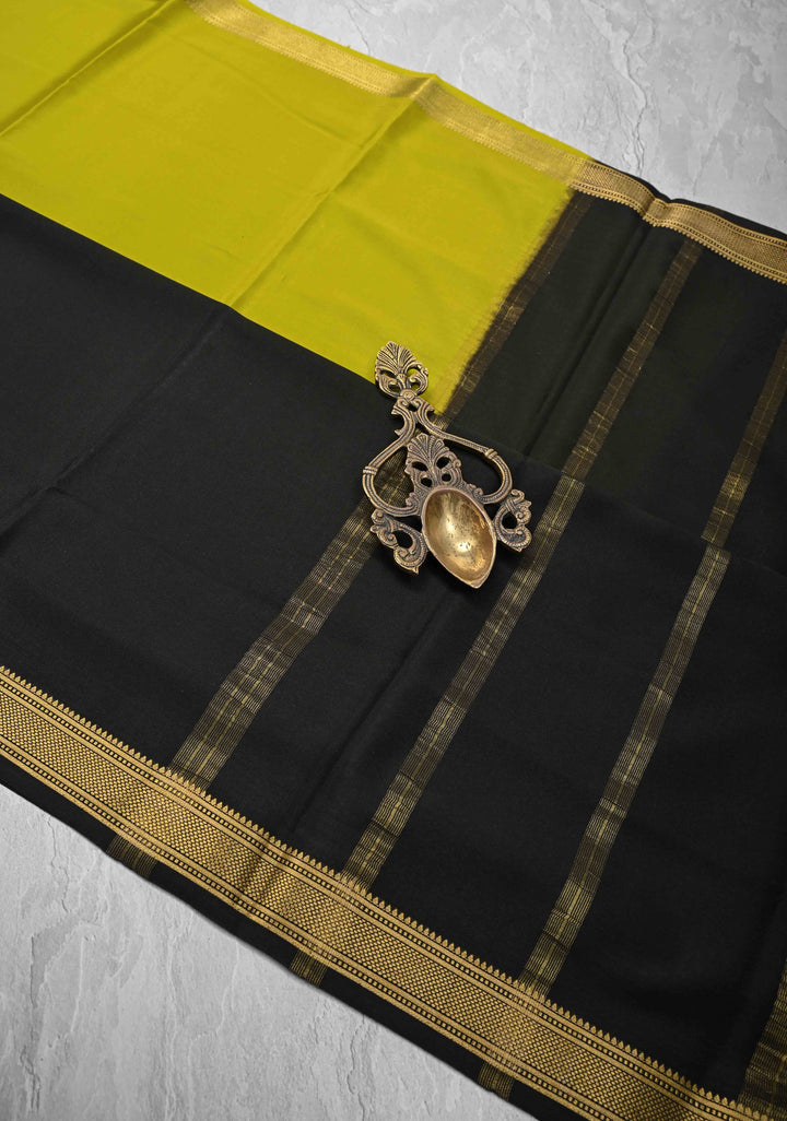 Moose Green Mysore silk Saree With Half Black zari Border in KSIC Grade Thickness | SILK MARK CERTIFIED