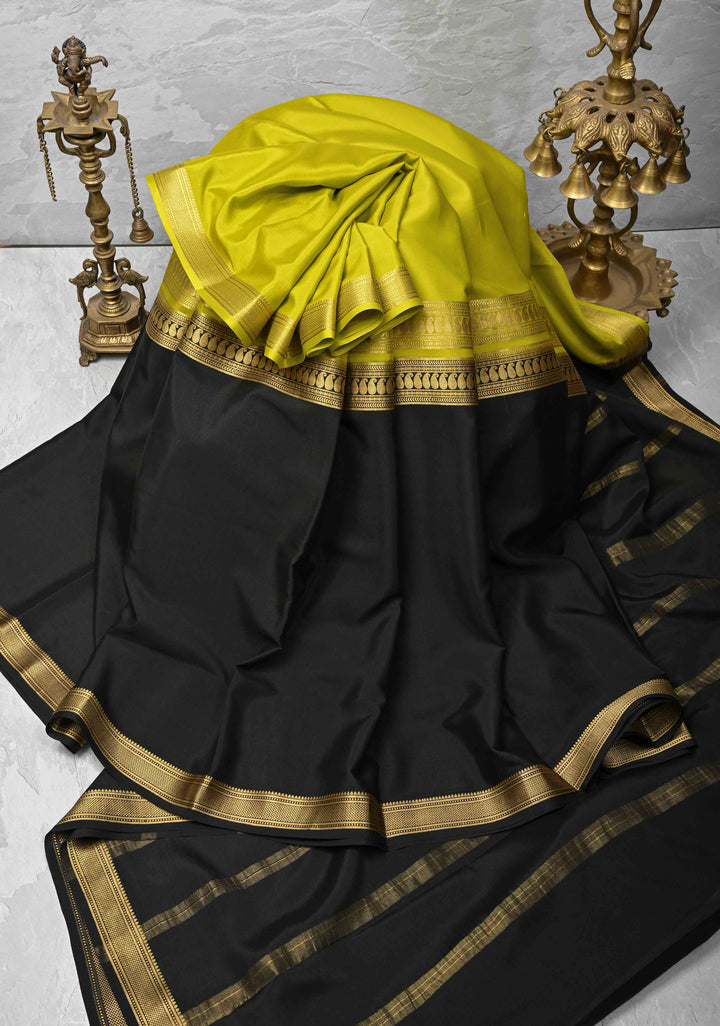 Moose Green Mysore silk Saree With Half Black zari Border in KSIC Grade Thickness | SILK MARK CERTIFIED