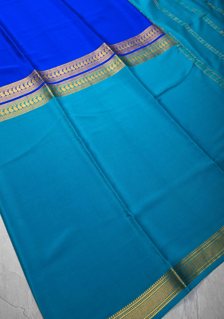 Royal Blue & Azure Blue Mysore silk Saree with Half Border in KSIC Grade Thickness | SILK MARK CERTIFIED
