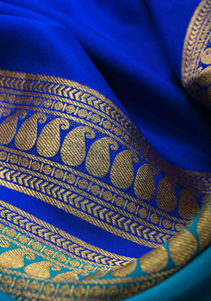 Royal Blue & Azure Blue Mysore silk Saree with Half Border in KSIC Grade Thickness | SILK MARK CERTIFIED