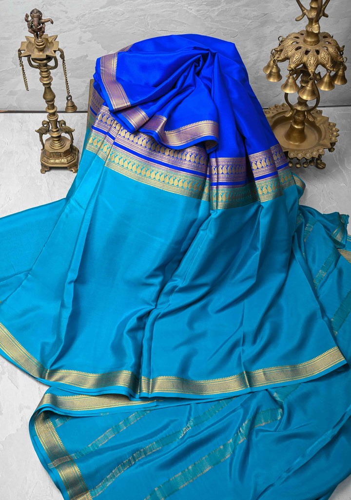 Royal Blue & Azure Blue Mysore silk Saree with Half Border in KSIC Grade Thickness | SILK MARK CERTIFIED
