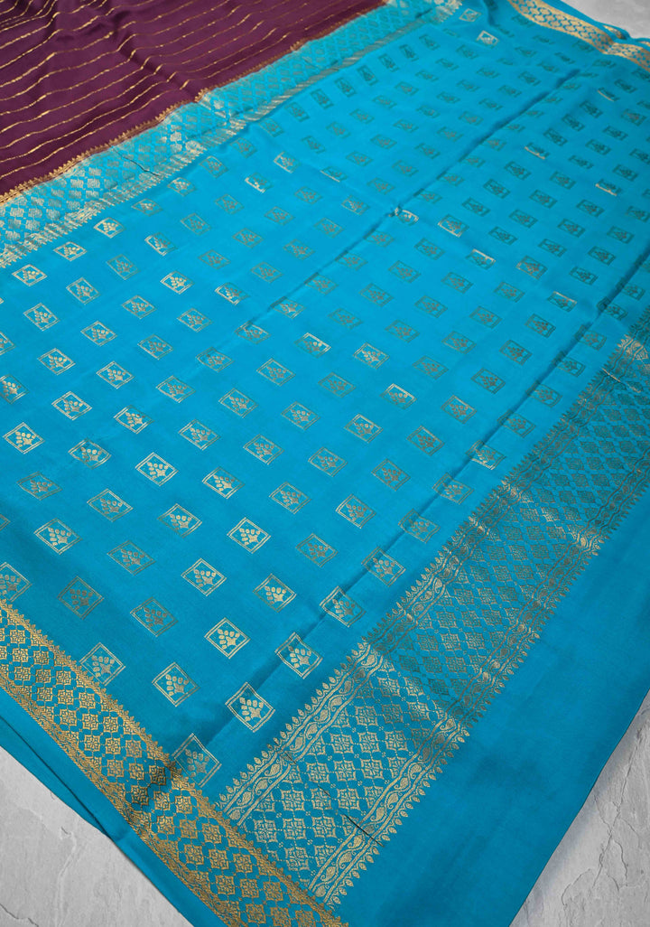 Plum Mysore Silk Saree with Vertical Zari Stripes and Contrast Border in KSIC Grade Thickness | SILK MARK CERTIFIED