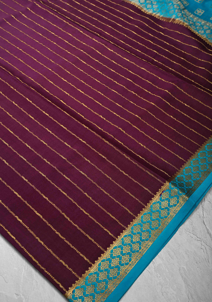 Plum Mysore Silk Saree with Vertical Zari Stripes and Contrast Border in KSIC Grade Thickness | SILK MARK CERTIFIED