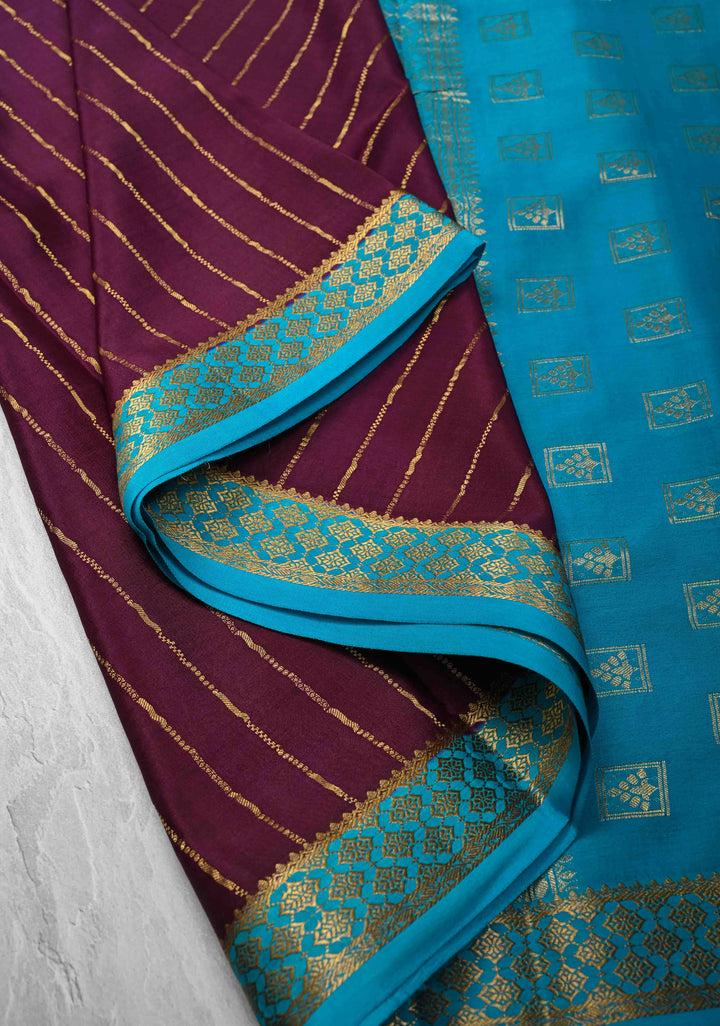 Plum Mysore Silk Saree with Vertical Zari Stripes and Contrast Border in KSIC Grade Thickness | SILK MARK CERTIFIED