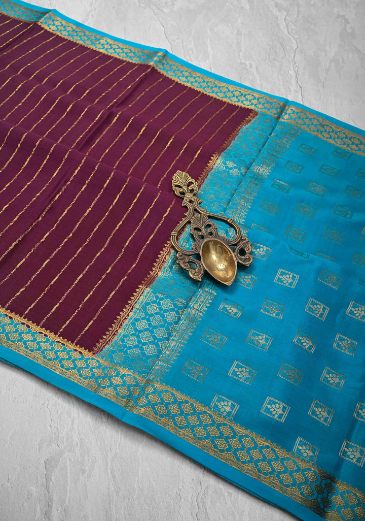 Plum Mysore Silk Saree with Vertical Zari Stripes and Contrast Border in KSIC Grade Thickness | SILK MARK CERTIFIED