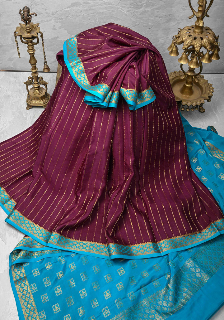 Plum Mysore Silk Saree with Vertical Zari Stripes and Contrast Border in KSIC Grade Thickness | SILK MARK CERTIFIED