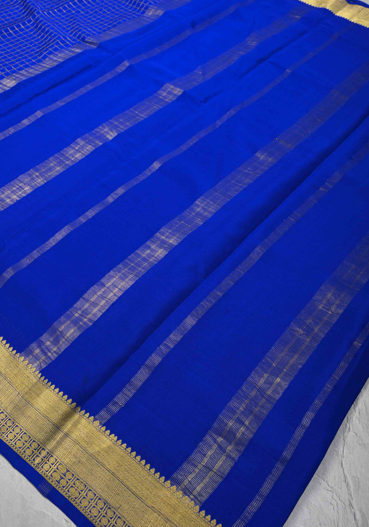 Royal Blue Mysore Silk Saree with Zari Checks and Zari Border in KSIC Grade Thickness| SILK MARK CERTIFIED