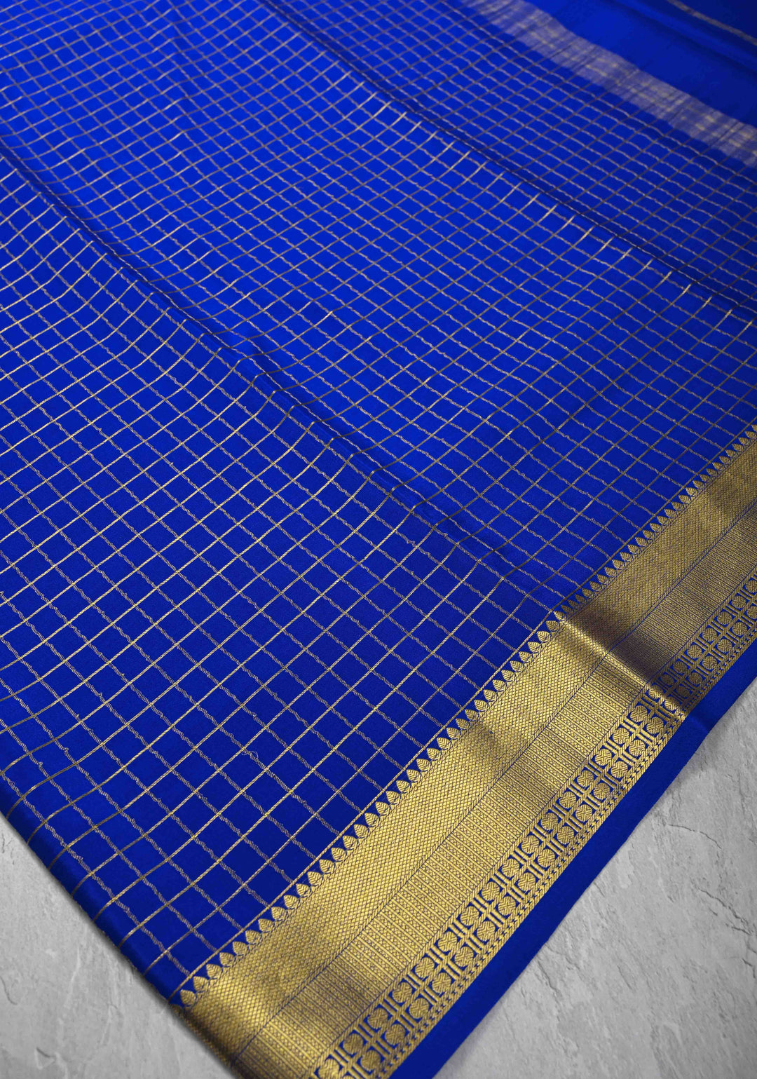 Royal Blue Mysore Silk Saree with Zari Checks and Zari Border in KSIC Grade Thickness| SILK MARK CERTIFIED