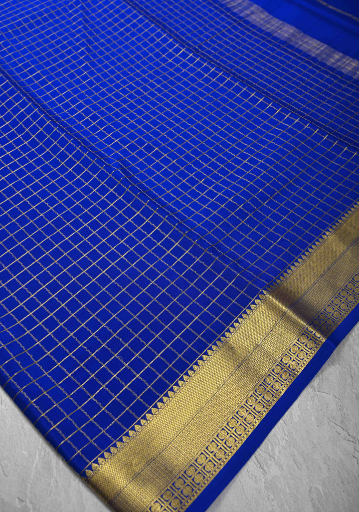 Royal Blue Mysore Silk Saree with Zari Checks and Zari Border in KSIC Grade Thickness| SILK MARK CERTIFIED