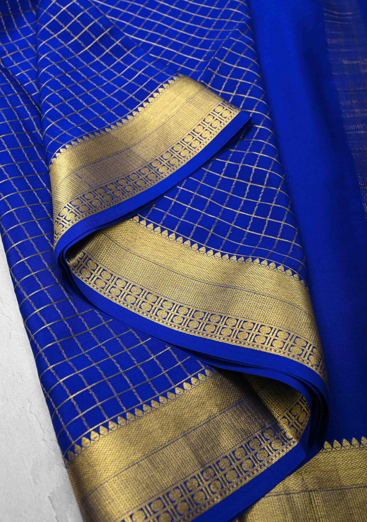 Royal Blue Mysore Silk Saree with Zari Checks and Zari Border in KSIC Grade Thickness| SILK MARK CERTIFIED