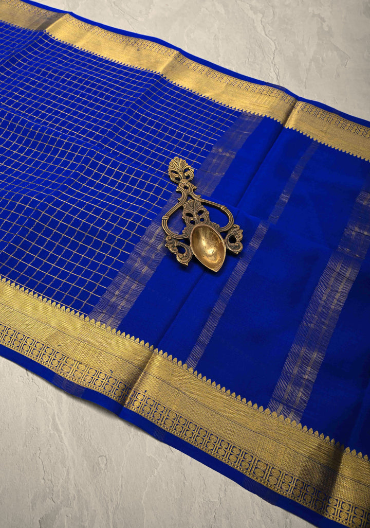 Royal Blue Mysore Silk Saree with Zari Checks and Zari Border in KSIC Grade Thickness| SILK MARK CERTIFIED