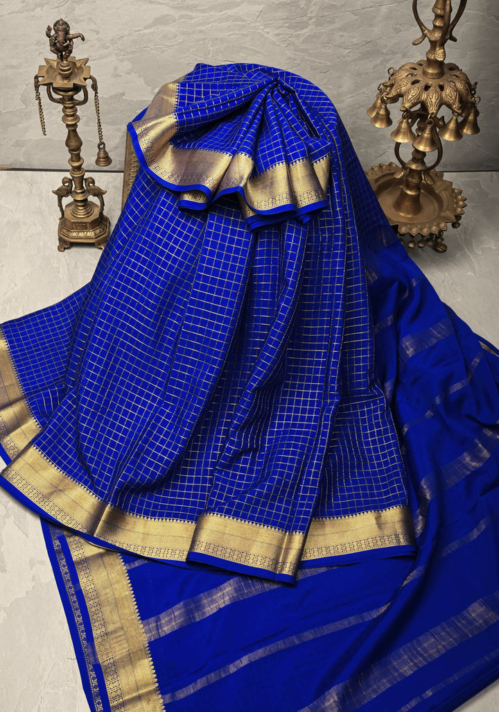 Royal Blue Mysore Silk Saree with Zari Checks and Zari Border in KSIC Grade Thickness| SILK MARK CERTIFIED
