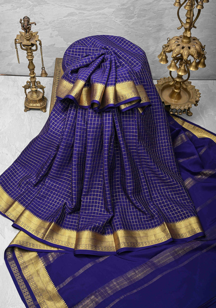 Navy Blue Mysore Silk Saree with Zari Checks and Zari Border in KSIC Grade Thickness | SILK MARK CERTIFIED