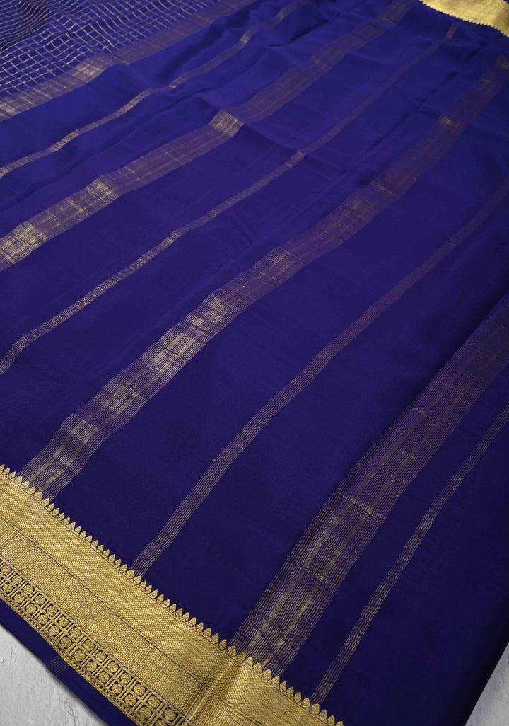 Navy Blue Mysore Silk Saree with Zari Checks and Zari Border in KSIC Grade Thickness | SILK MARK CERTIFIED