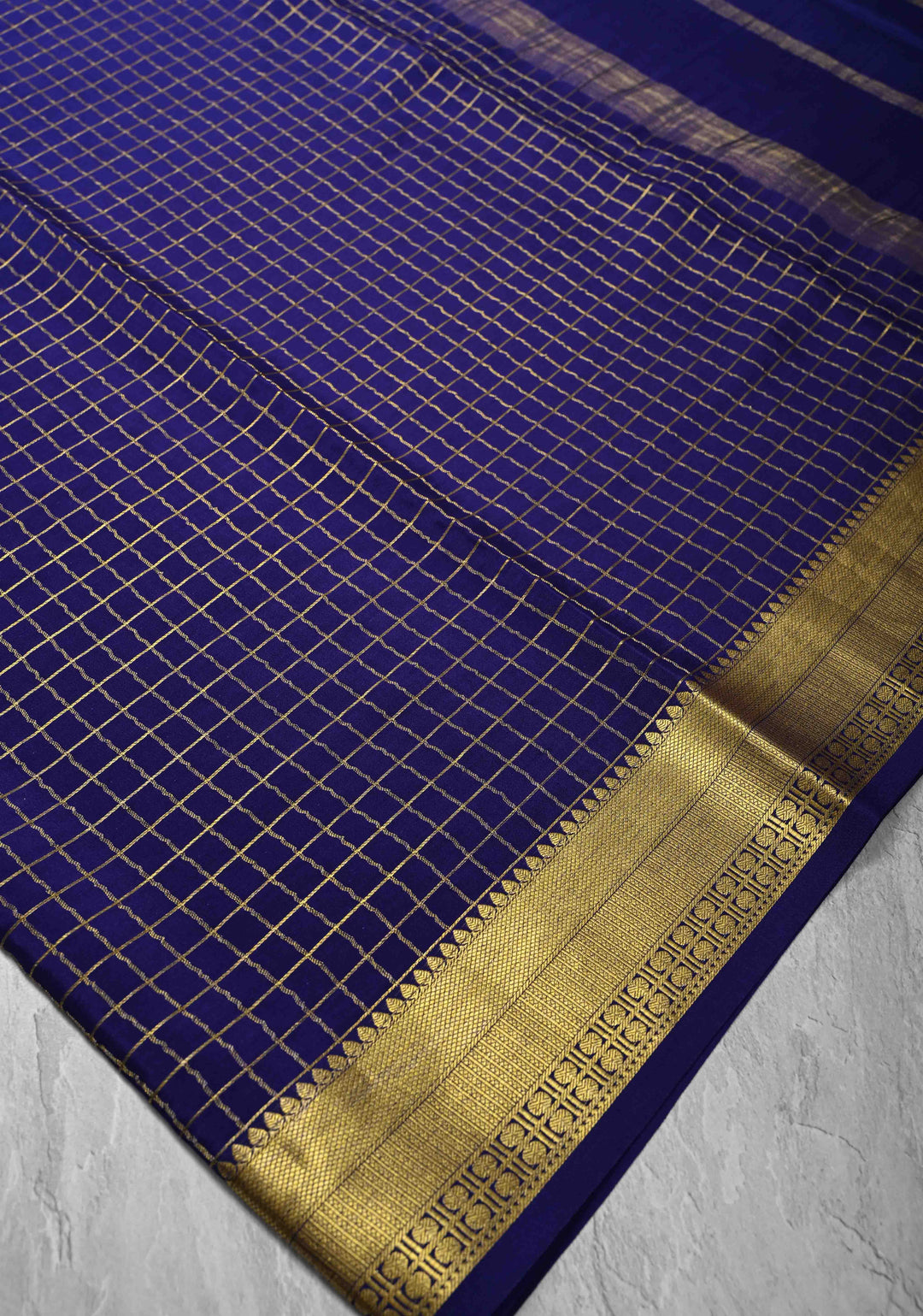 Navy Blue Mysore Silk Saree with Zari Checks and Zari Border in KSIC Grade Thickness | SILK MARK CERTIFIED