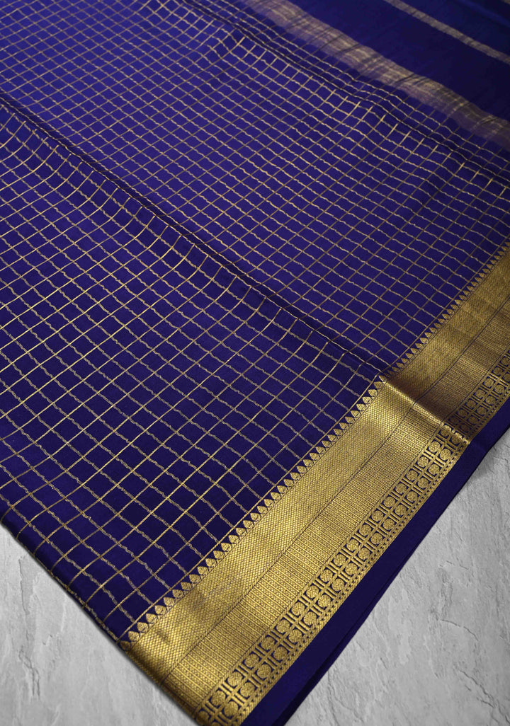 Navy Blue Mysore Silk Saree with Zari Checks and Zari Border in KSIC Grade Thickness | SILK MARK CERTIFIED