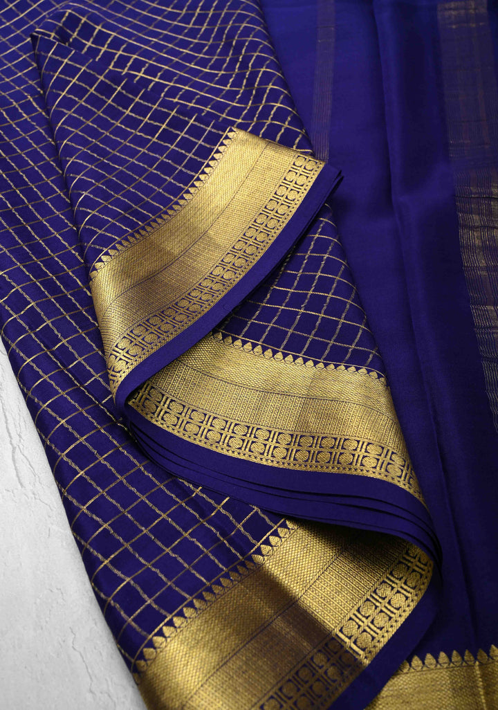 Navy Blue Mysore Silk Saree with Zari Checks and Zari Border in KSIC Grade Thickness | SILK MARK CERTIFIED