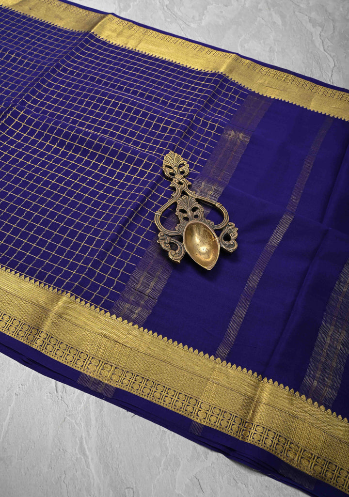 Navy Blue Mysore Silk Saree with Zari Checks and Zari Border in KSIC Grade Thickness | SILK MARK CERTIFIED