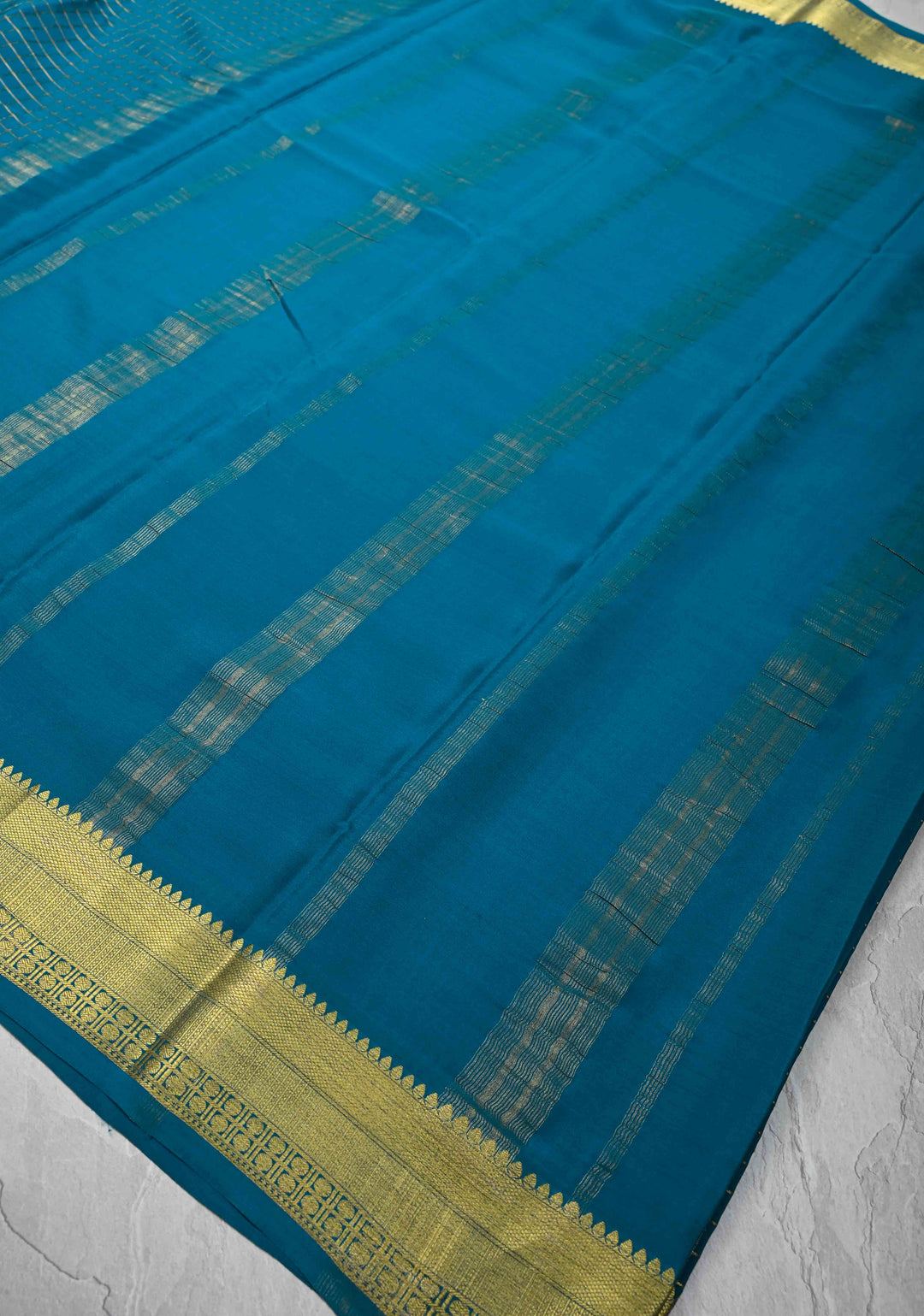 Teal Blue Mysore Silk Saree with Zari Checks and Zari Border in KSIC Grade Thickness | SILK MARK CERTIFIED