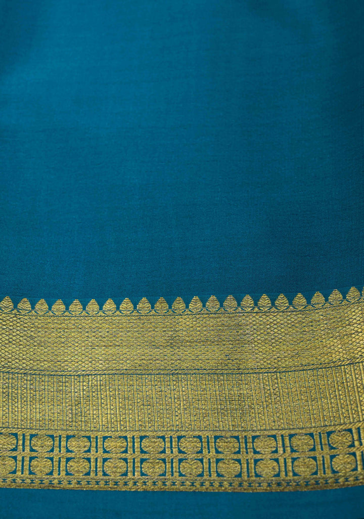 Teal Blue Mysore Silk Saree with Zari Checks and Zari Border in KSIC Grade Thickness | SILK MARK CERTIFIED
