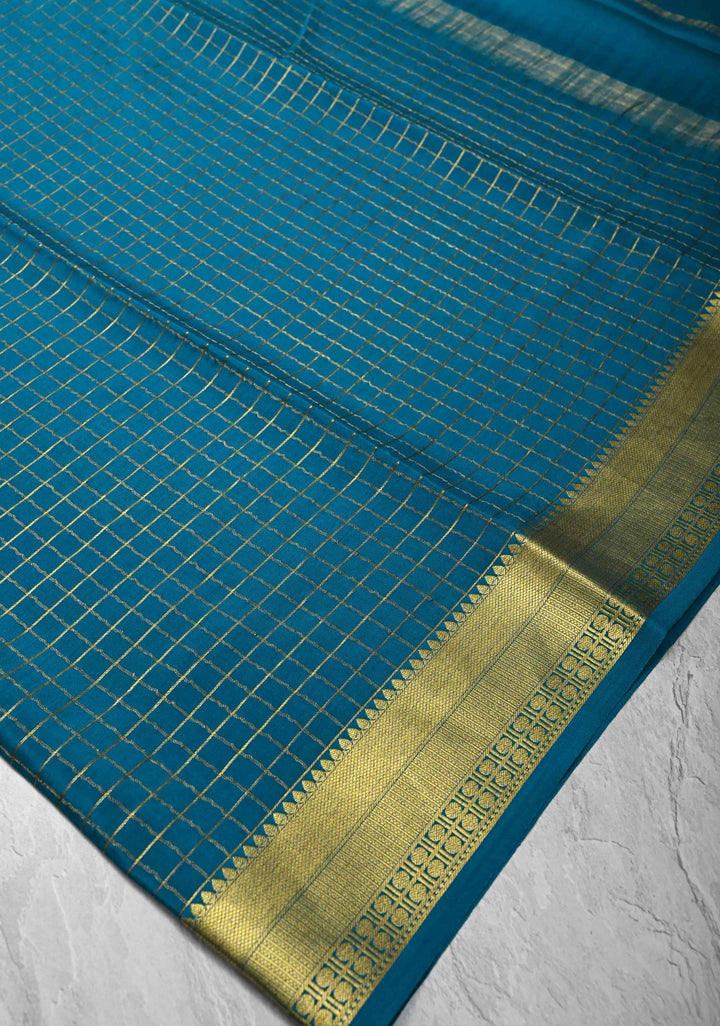 Teal Blue Mysore Silk Saree with Zari Checks and Zari Border in KSIC Grade Thickness | SILK MARK CERTIFIED