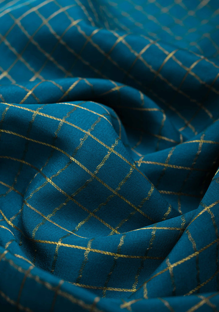 Teal Blue Mysore Silk Saree with Zari Checks and Zari Border in KSIC Grade Thickness | SILK MARK CERTIFIED