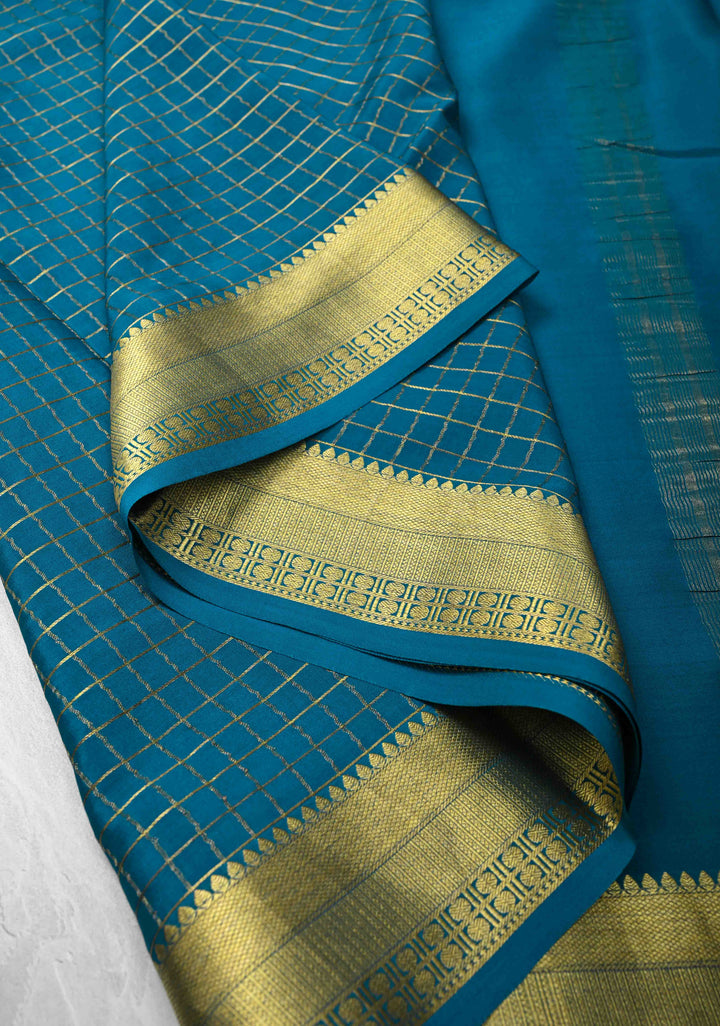 Teal Blue Mysore Silk Saree with Zari Checks and Zari Border in KSIC Grade Thickness | SILK MARK CERTIFIED