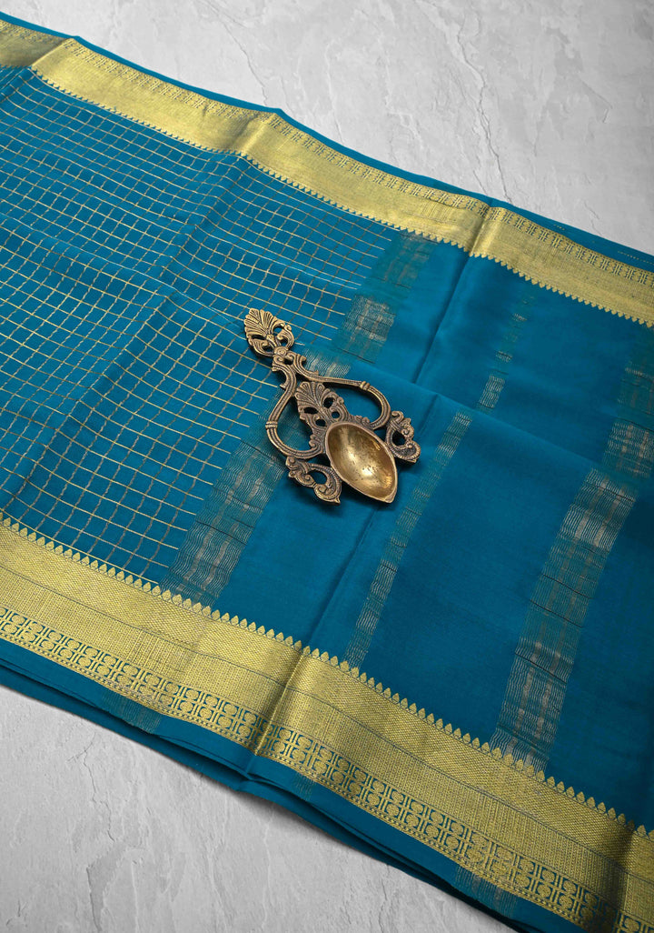 Teal Blue Mysore Silk Saree with Zari Checks and Zari Border in KSIC Grade Thickness | SILK MARK CERTIFIED
