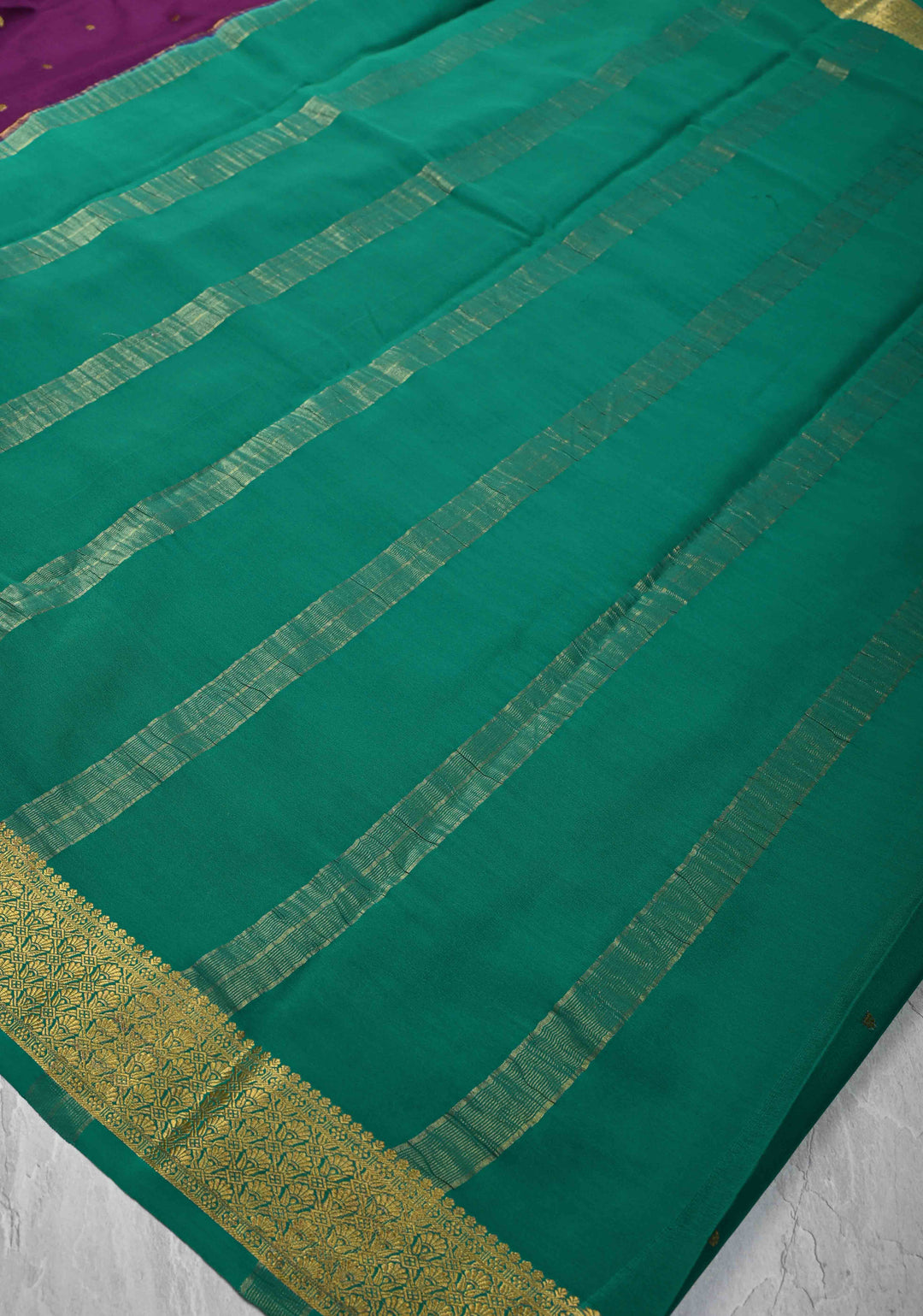 Purple Pure Mysore Silk Saree with Chunri Buttis &  Zari borders in Ksic Grade thickness | SILK MARK CERTIFIED