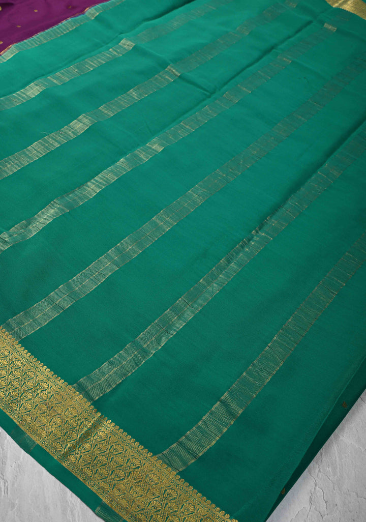 Purple Pure Mysore Silk Saree with Chunri Buttis &  Zari borders in Ksic Grade thickness | SILK MARK CERTIFIED