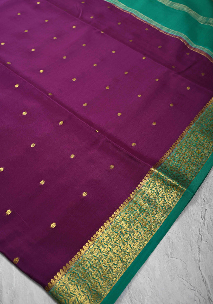 Purple Pure Mysore Silk Saree with Chunri Buttis &  Zari borders in Ksic Grade thickness | SILK MARK CERTIFIED