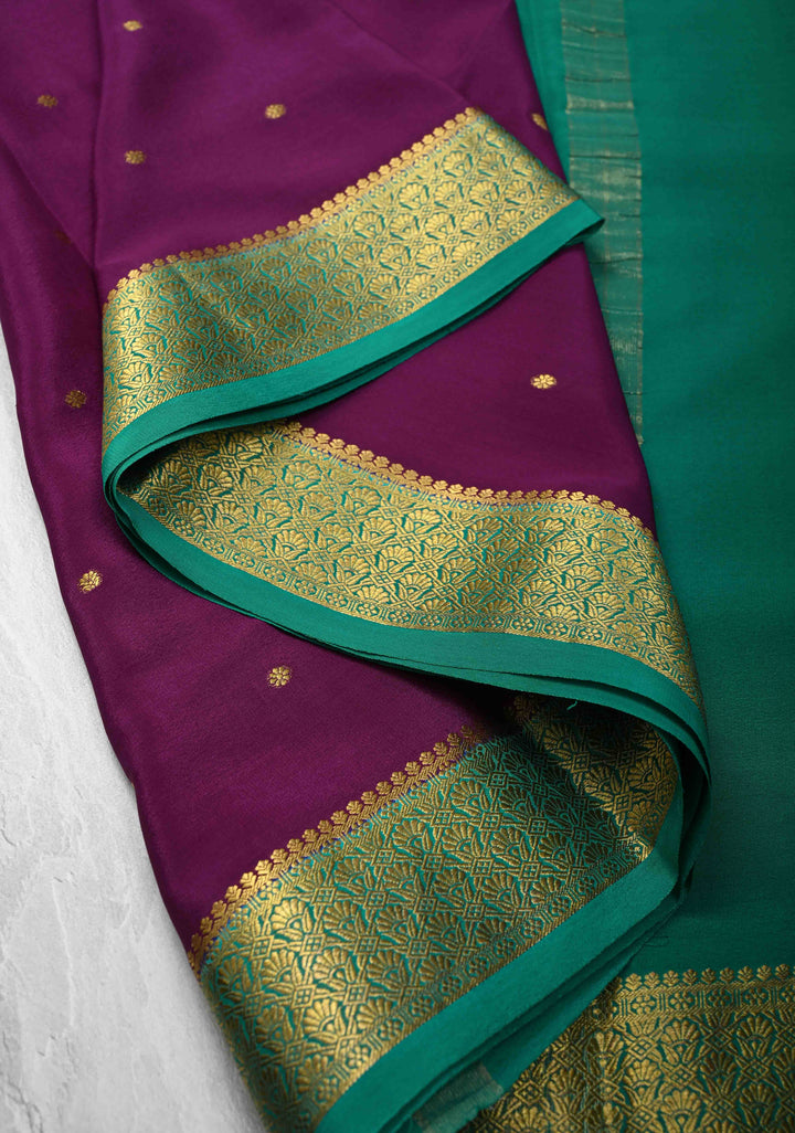 Purple Pure Mysore Silk Saree with Chunri Buttis &  Zari borders in Ksic Grade thickness | SILK MARK CERTIFIED