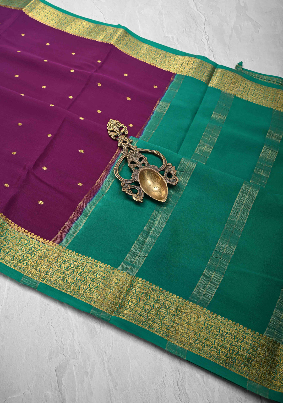 Purple Pure Mysore Silk Saree with Chunri Buttis &  Zari borders in Ksic Grade thickness | SILK MARK CERTIFIED