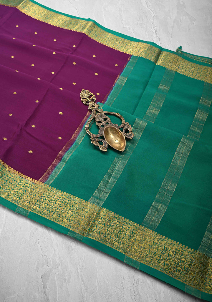 Purple Pure Mysore Silk Saree with Chunri Buttis &  Zari borders in Ksic Grade thickness | SILK MARK CERTIFIED