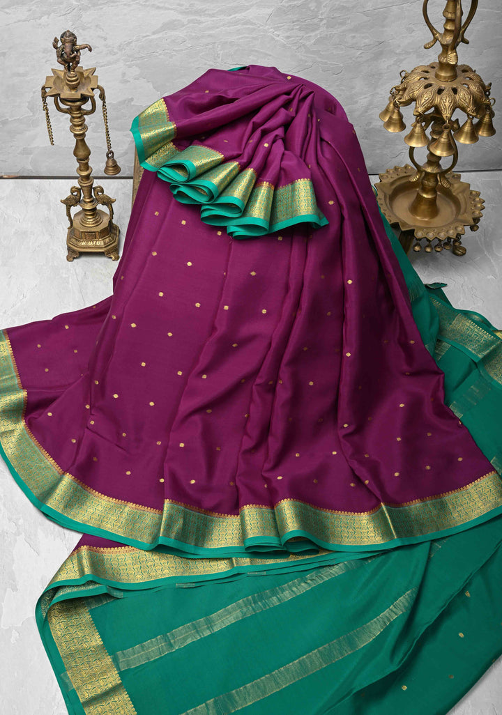 Purple Pure Mysore Silk Saree with Chunri Buttis &  Zari borders in Ksic Grade thickness | SILK MARK CERTIFIED