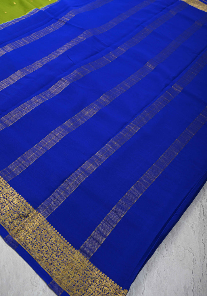 Sap Green Pure Mysore Silk Saree with Chunri Buttas &  Zari borders in Ksic Grade thickness | SILK MARK CERTIFIED