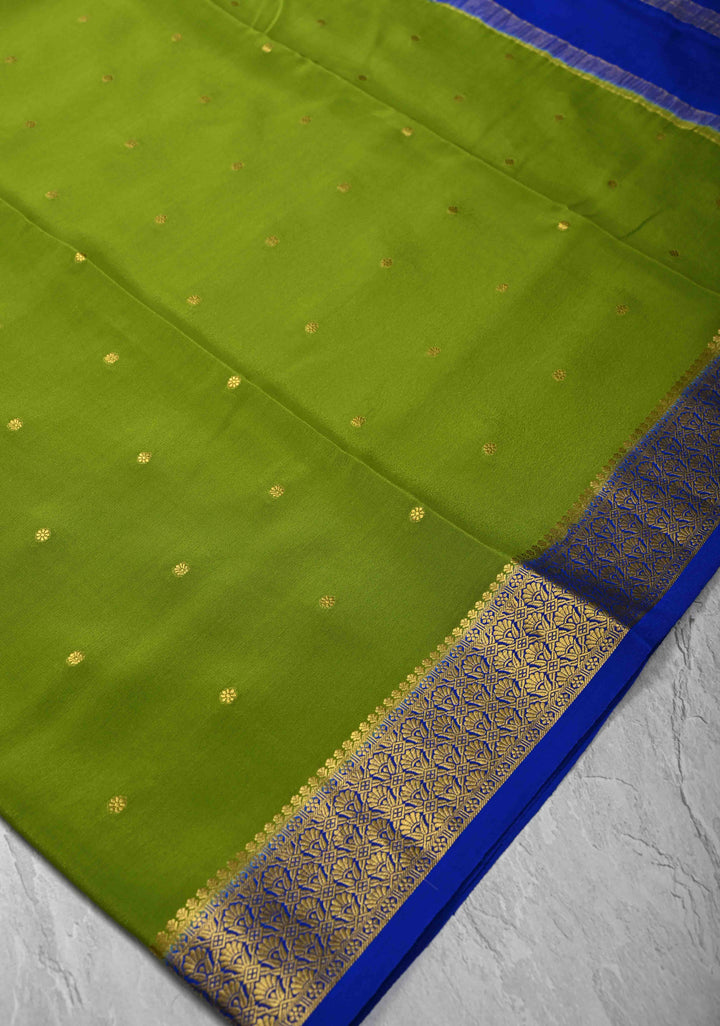 Sap Green Pure Mysore Silk Saree with Chunri Buttas &  Zari borders in Ksic Grade thickness | SILK MARK CERTIFIED