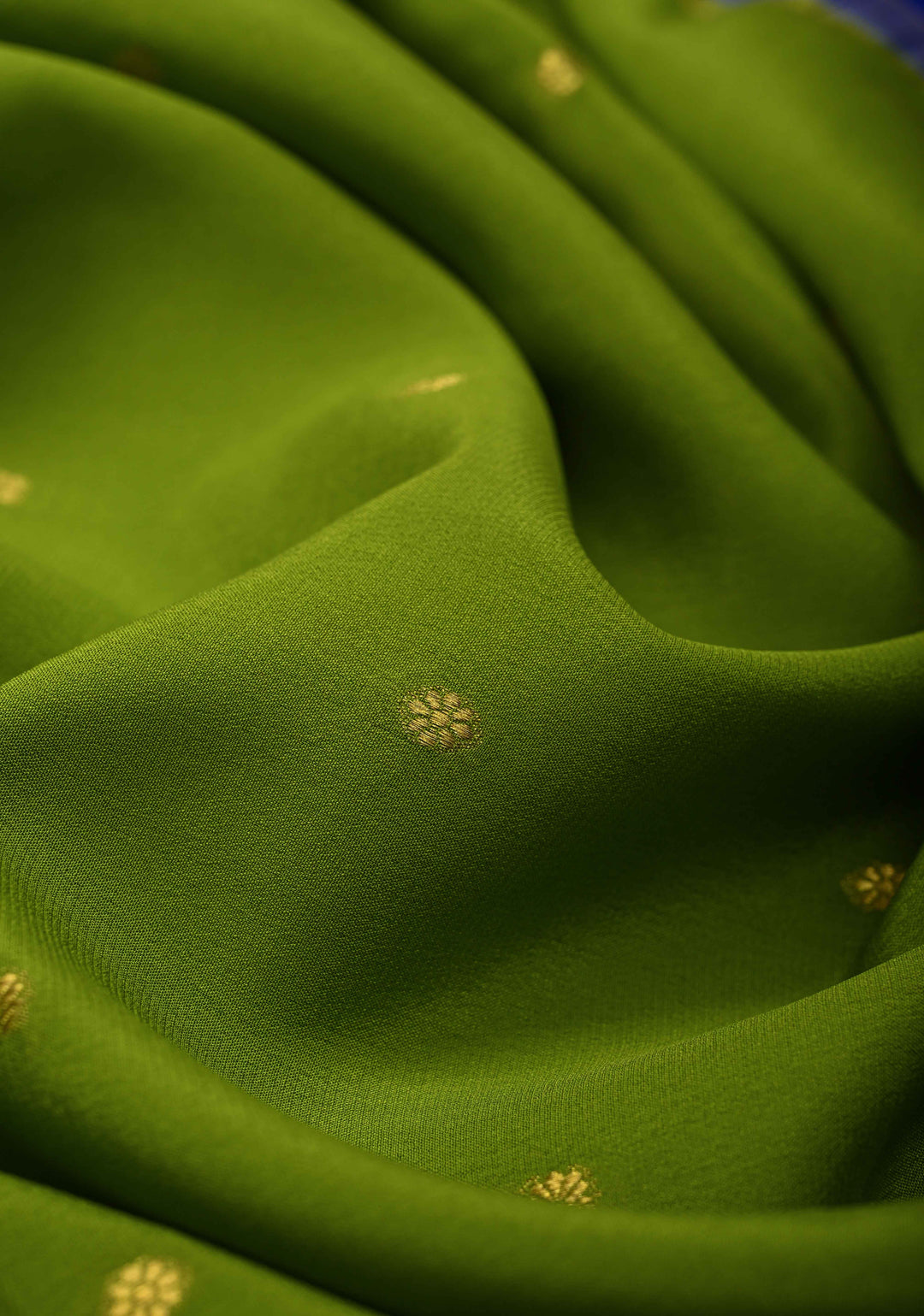 Sap Green Pure Mysore Silk Saree with Chunri Buttas &  Zari borders in Ksic Grade thickness | SILK MARK CERTIFIED